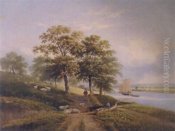 River Scene At Postwick Oil Painting by Samuel David Colkett