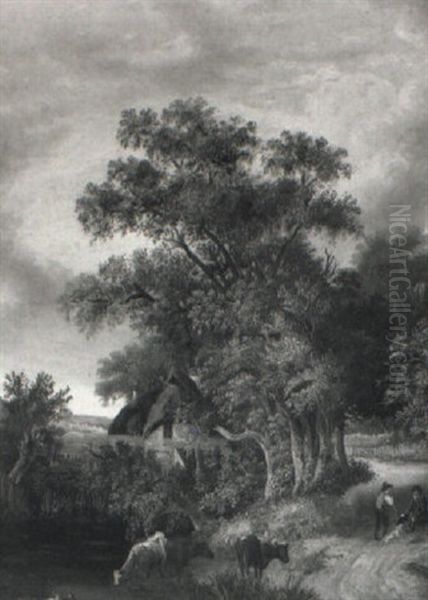 View Near Norwich With Figures, Cattle, Trees And Cottage Oil Painting by Samuel David Colkett