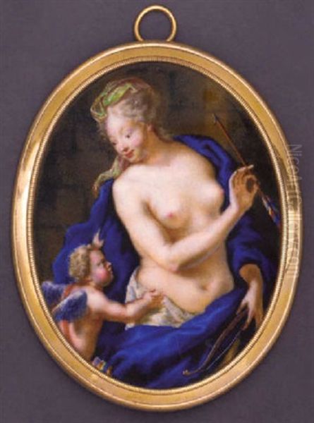 Venus And Cupid: Venus With Blue Cloak Draped Around Her Shoulders, Green Veil In Her Long Upswept Hair, Holding An Arrow And A Bow In Her Hands, Cupid Holding The Cloak Of Venus Oil Painting by Germain Colladon