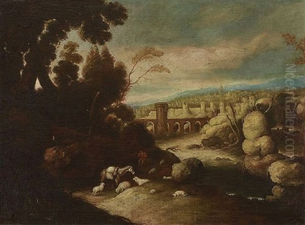 Rocky Landscape And Fortified Town Oil Painting by Francisco Collantes