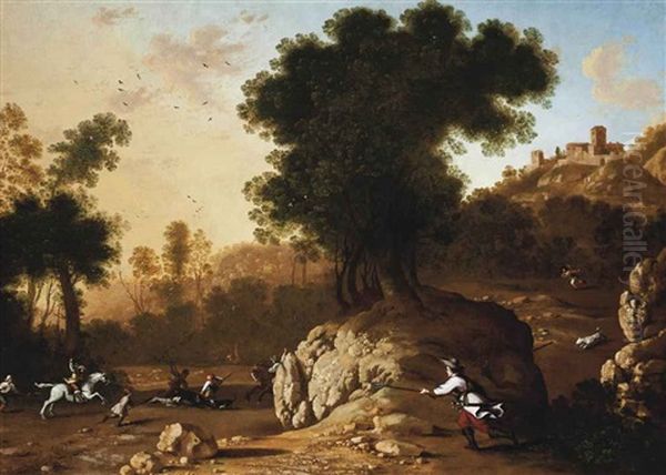 A Rocky Landscape With Hunters Attacking A Boar, A Hilltop Town Beyond Oil Painting by Francisco Collantes