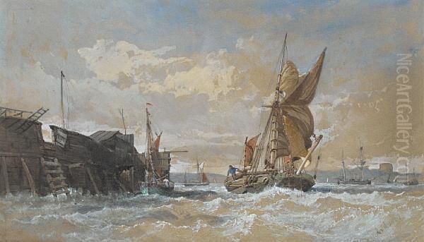 A Ketch-rigged Barge In Choppy Waters In Themedway, With Rochester Castle Beyond Oil Painting by Henry Andrews