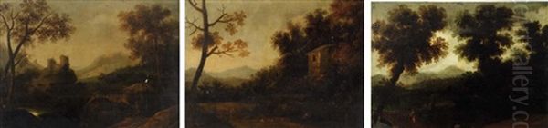 A Figure And His Hound In An Extensive Landscape (+ 2 Others; 3 Works) Oil Painting by Francisco Collantes