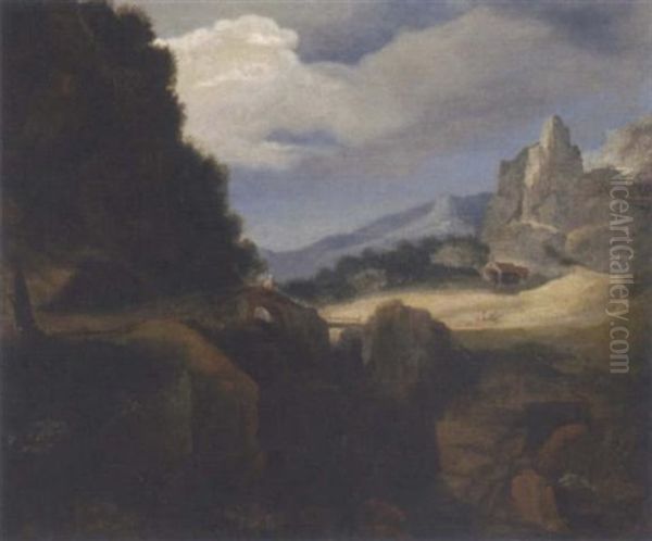 A Mountainous Landscape With Travellers On A Bridge, A Church In The Distance Oil Painting by Francisco Collantes