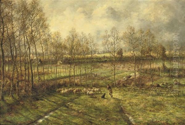 La Campagne En Mars - Sheep Grazing In A Pasture Oil Painting by Marie Henrotin Collart