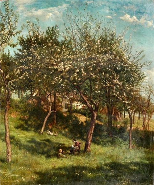 Bluhender Garten Mit Kindern Und Huhnern Oil Painting by Marie Henrotin Collart