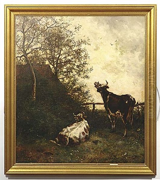 Cattle In Landscape Oil Painting by Marie Henrotin Collart