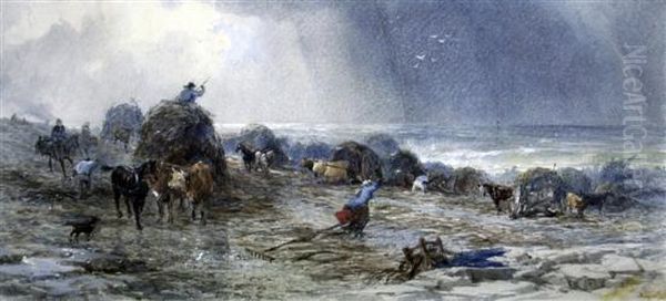 Seaweed Gatherers Along The Coast Oil Painting by Henry Andrews