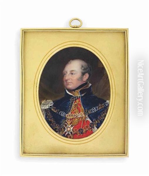 Prince Frederick (1763-1827), Duke Of York And Albany, In Ceremonial Garter Robes, Red Coat With Gold Embroidered Collar, White Silk-lined Blue Cloak Tied At Neck With Gold And Blue Braid, Wearing The Chain Of The Order Of The Garter Pinned At Shoulders W Oil Painting by Henry Collen