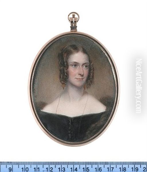 A Lady, Wearing Black Dress With White Lace Trim, Fur Stole, A Long Gold Necklace, Gold Pendent Earrings, Her Hair Upswept, Parted And Curled In Ringlets Framing Her Face Oil Painting by Henry Collen