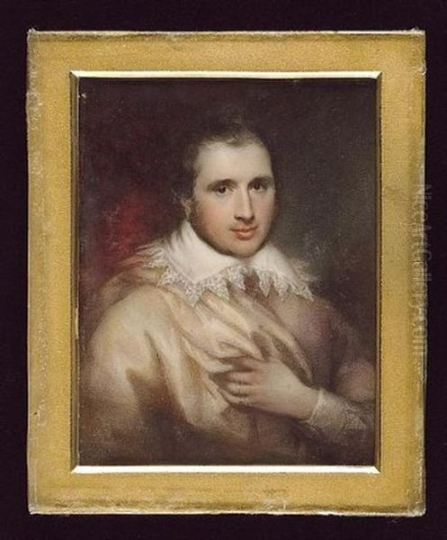 An Actor Wearing Mauve Doublet, White Van Dyck Collar, Matching Cuff And Cream Cloak Over His Right Shoulder, His Left Hand Raised To His Chest Oil Painting by Henry Collen