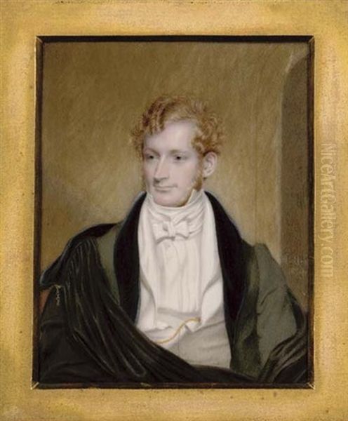 Mr. F. Tracy, Seated In Green Coat With Black Velvet Collar, White Waistcoat And Gold Watch Chain, A Black Cloak Over His Shoulders Oil Painting by Henry Collen