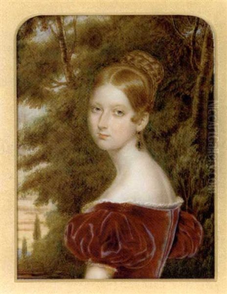 Queen Victoria In Lace-bordered Claret Coloured Velvet Dress, Gold Set Emerald Drop Earring, Her Fair Hair Plaited And Dressed In A Bun, Foliate Background Oil Painting by Henry Collen