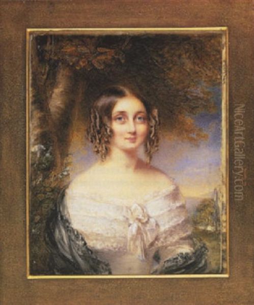 A Lady Of The Bolton Family Wearing Decollete White Dress With Lace Bodice And Bow At Her Corsage, Black Lace Shawl And Her Hair In Ringlets Oil Painting by Henry Collen