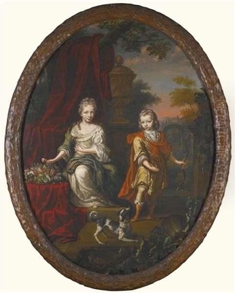 Portrait Of A Girl And A Boy On A Terrace In A Garden Oil Painting by Hermann Collenius