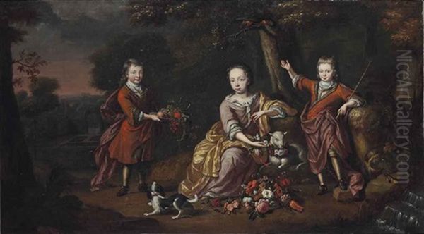 Portrait Of Three Children In A Landscape by Hermann Collenius