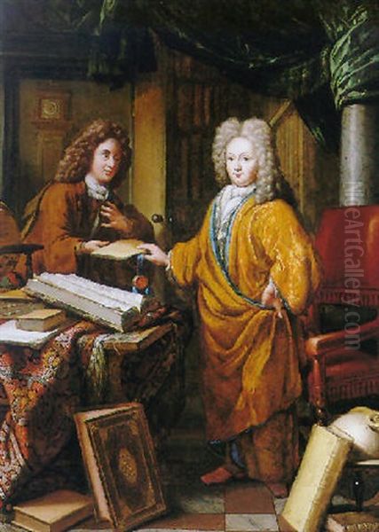 A Scholar With His Secretary In A Study Oil Painting by Hermann Collenius