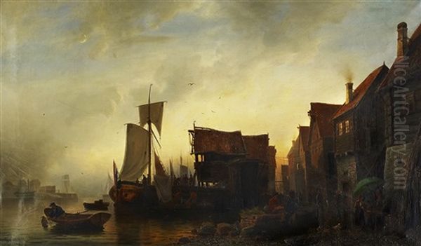 View From A Harbour Oil Painting by Fredrik Jonas Lucian Botfield Collett