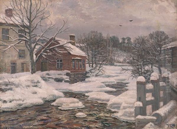 Vinterlandskap Med Hus Ved Mesna Oil Painting by Fredrik Jonas Lucian Botfield Collett