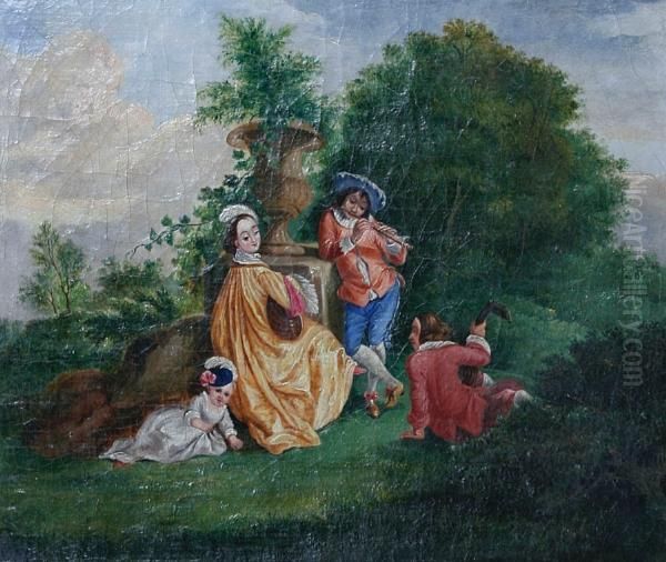 Figures And Young Child In A Garden Oil Painting by Henry Andrews