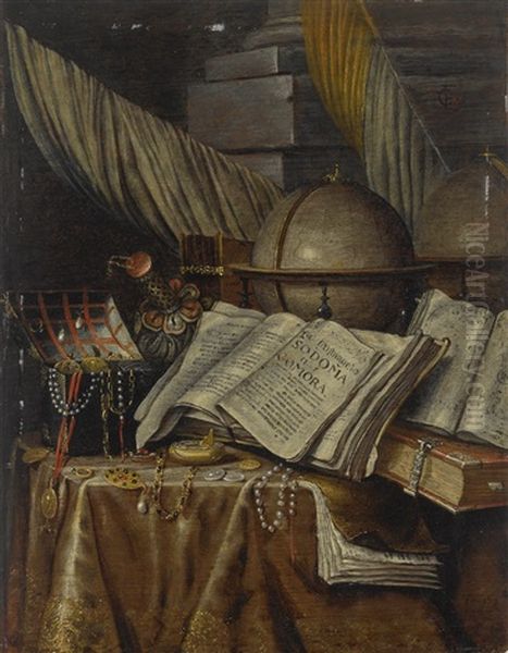 A Vanitas Still Life With A Globe, Books, And A Box Of Jewels All Resting On A Draped Table Oil Painting by Edward Collier