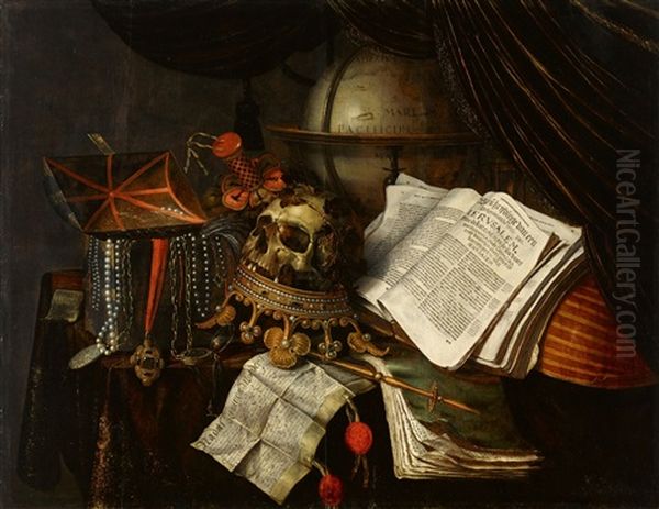 Vanitas Still Life With A Jewellery Box, Skull On A Reversed Crown, A Globe, And A Lute Oil Painting by Edward Collier