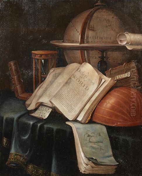 A Vanitas Still Life With A Globe, Books, An Hour-glass And A Musical Instrument On A Draped Table-top Oil Painting by Edward Collier