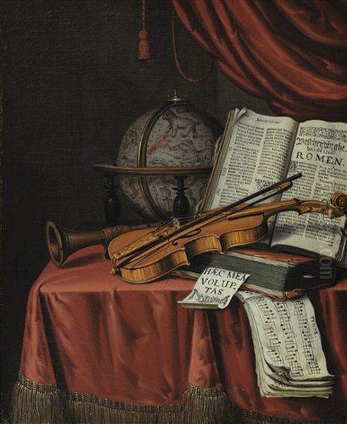 Nature Morte Aux Instruments De Musique, Globe Et Livres Oil Painting by Edward Collier