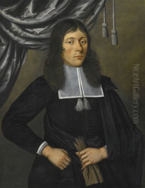 Portrait Of A Gentleman, Three-quarter Length, In A Black Cape, Holding A Glove, Standing In Front Of A Curtain Oil Painting by Edward Collier