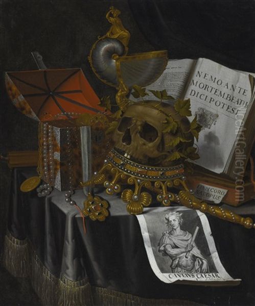 A Vanitas Still Life With A Laurelled Skull Upon An Inverted Crown, A Scepter, A Nautilus Cup, A Jewelry Casket, Books And A Portrait Of Caesar On A Draped Table Oil Painting by Edward Collier