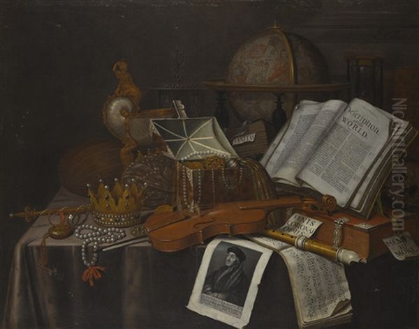 A Still Life With A Crown And Sceptre, A Violin, A Jewel Casket, A Nautilus Cup, And A Print Of Erasmus Oil Painting by Edward Collier