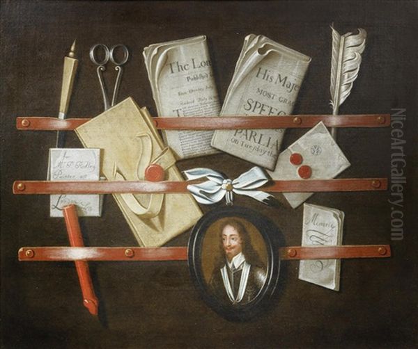 A Trompe L'oeil Still Life Of A Letter Rack With Letters, Pamphlets, Scissors, A Quill Pen, A Wax Seal And An Oval Miniature Of King Charles I Oil Painting by Edward Collier