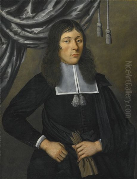 Portrait Of A Gentleman, Three-quarter Length, In A Black Cape, Holding A Glove, Standing In Front Of A Curtain Oil Painting by Edward Collier