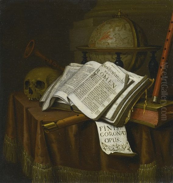 Vanitas Still Life With Astrological Globe, Musical Instruments, Skull, And Books On A Draped Table Oil Painting by Edward Collier