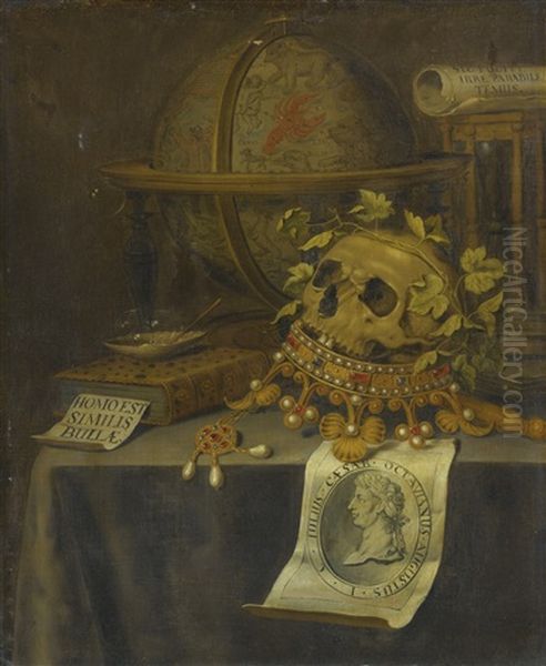 A Vanitas Still Life With A Skull Surmounting An Upturned Crown, An Astrological Globe, An Hourglass, A Book, A Shell With Soap Bubbles And A Portrait Of The Emperor Augustus On A Draped Table Oil Painting by Edward Collier