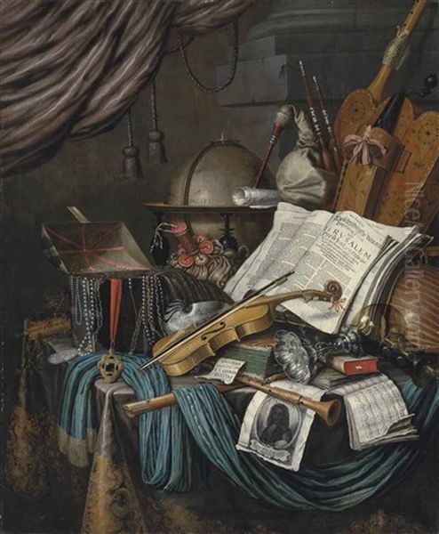 A Globe, A Casket Of Jewels And Medallions, Books, A Hurdy-gurdy, A Bagpipe, A Lute, A Violin, An Upturned Silver Tazza And Roemer, And Other Objects On A Draped Table Oil Painting by Edward Collier