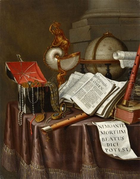 Vanitas Still Life With Books, A Globe, Nautilus Chalice And Flutes Oil Painting by Edward Collier