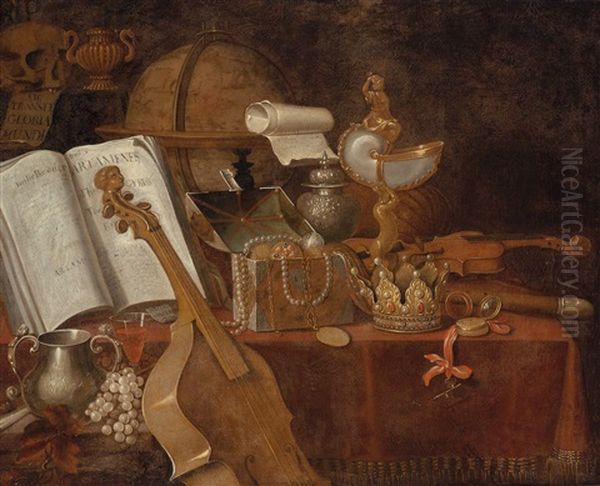 A Vanitas Still Life With An Open Book, A Globe, A Nautilus Goblet, A Violin And Precious Objects Oil Painting by Edward Collier