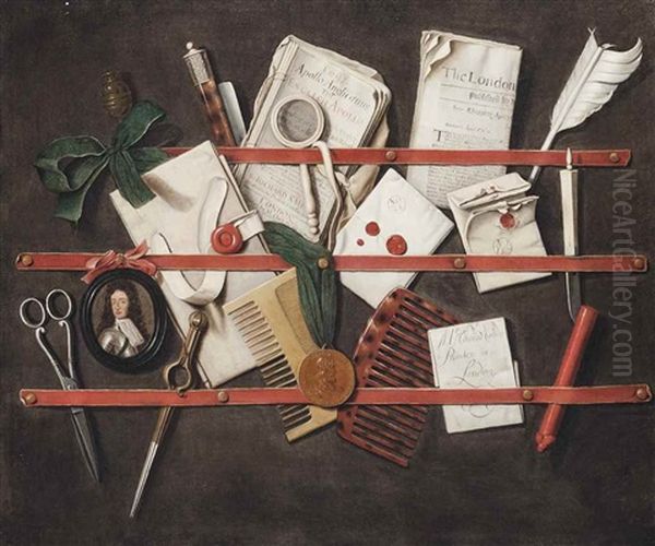 A Trompe L'oeil Of A Letter Rack With Documents, Pamphlets, A Miniature Of King William Iii (1650-1702), A Medallion, A Quill, A Stick Of Red Wax, A Magnifying-glass, Combs, Scissors, And Other Objects Oil Painting by Edward Collier