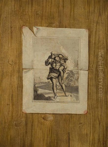 A Trompe L'oeil Painting Of A Print After Raphael Attached To A Panel Oil Painting by Edward Collier