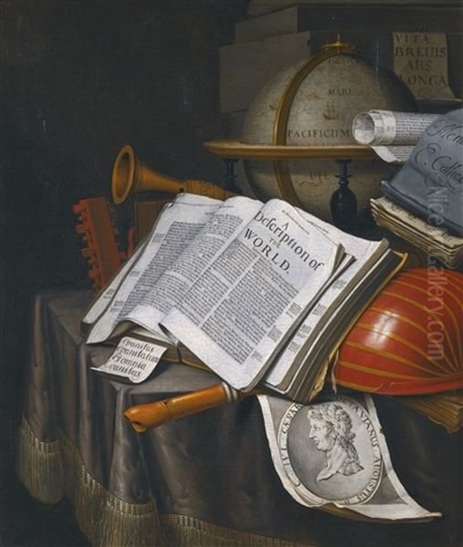 Vanitas Still Life With An Upturned Lute, A Globe Turned To The Pacific Ocean, An Open Copy Of Rider Cardanus' The British Merlin, And An Engraving Of Caesar Octavianus Augustus Oil Painting by Edward Collier