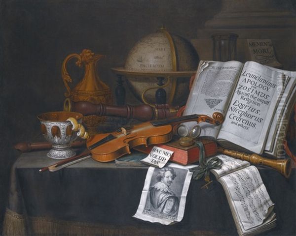 Vanitas Still Life With A Globe, A Violin And Bow, Lemon Peel, A Recorder, A Musical Score, An Open Book, An Hour Glass And Other Objects Oil Painting by Edward Collier