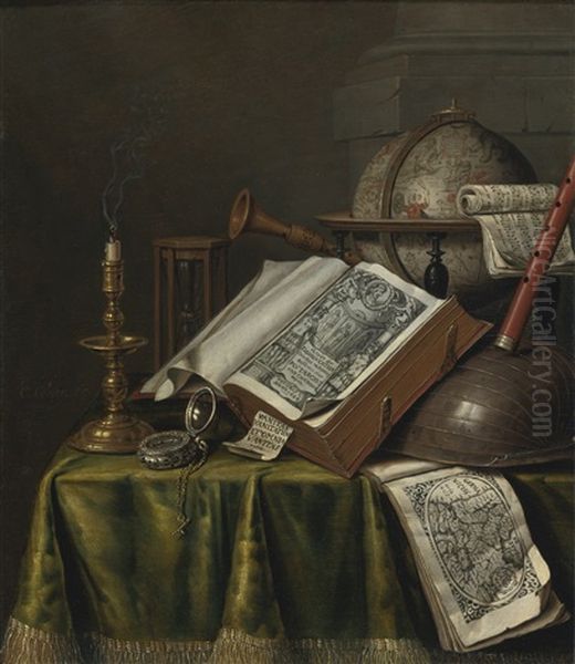 Vanitas Still Life With A Candlestick, Books, Musical Instruments, An Astrological Globe, A Pocket Watch, And An Hourglass All On A Draped Table Oil Painting by Edward Collier