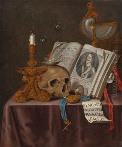 A Vanitas Still Life With A Candlestick, A Skull, A Shell, Bubbles, A Watch, A Portrait Of Charles I, And Other Objects On A Draped Table Oil Painting by Edward Collier