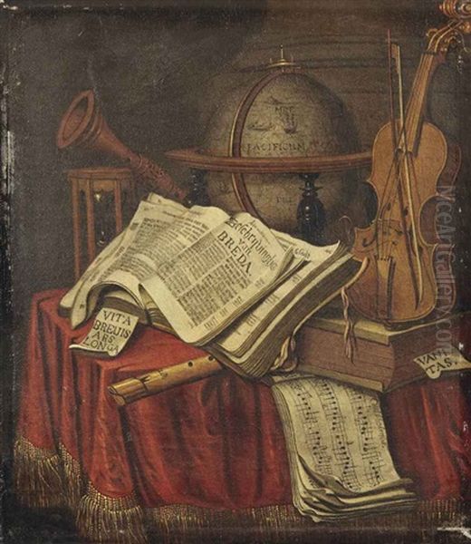 A Vanitas Still Life With A Globe, Musical Instruments, An Hourglass, An Open Copy Of Beschrijvinghe Van Breda And Sheet Music Of The Wilhelmus... Oil Painting by Edward Collier