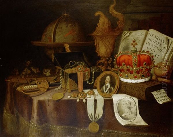 A Vanitas Still Life With A Globe, Court Jewels In A Casket, A Sword, A Miniature Portrait Of King Charles I And Other Objects On A Draped Table Oil Painting by Edward Collier