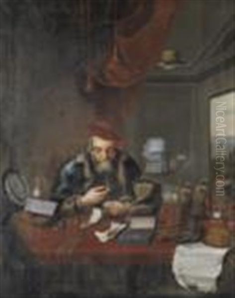 Portrait Of Gentleman, Seated At A Desk Examining Valuable Objects Oil Painting by Edward Collier