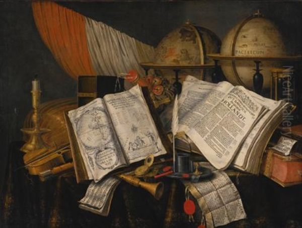 Vanitas Still Life With A Candlestick, Musical Instruments, Dutch Books, A Writing Set, An Astrological And A Terrestial Globe And An Hourglass, All On A Draped Table Oil Painting by Edward Collier