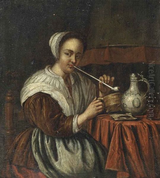 A Woman Smoking A Pipe At A Table Oil Painting by Edward Collier