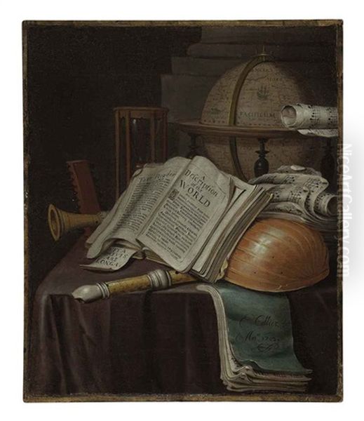 A Vanitas Still Life With An Open Book, A Lute, Recorders, Scores, A Globe And An Hourglass On A Draped Table Oil Painting by Edward Collier